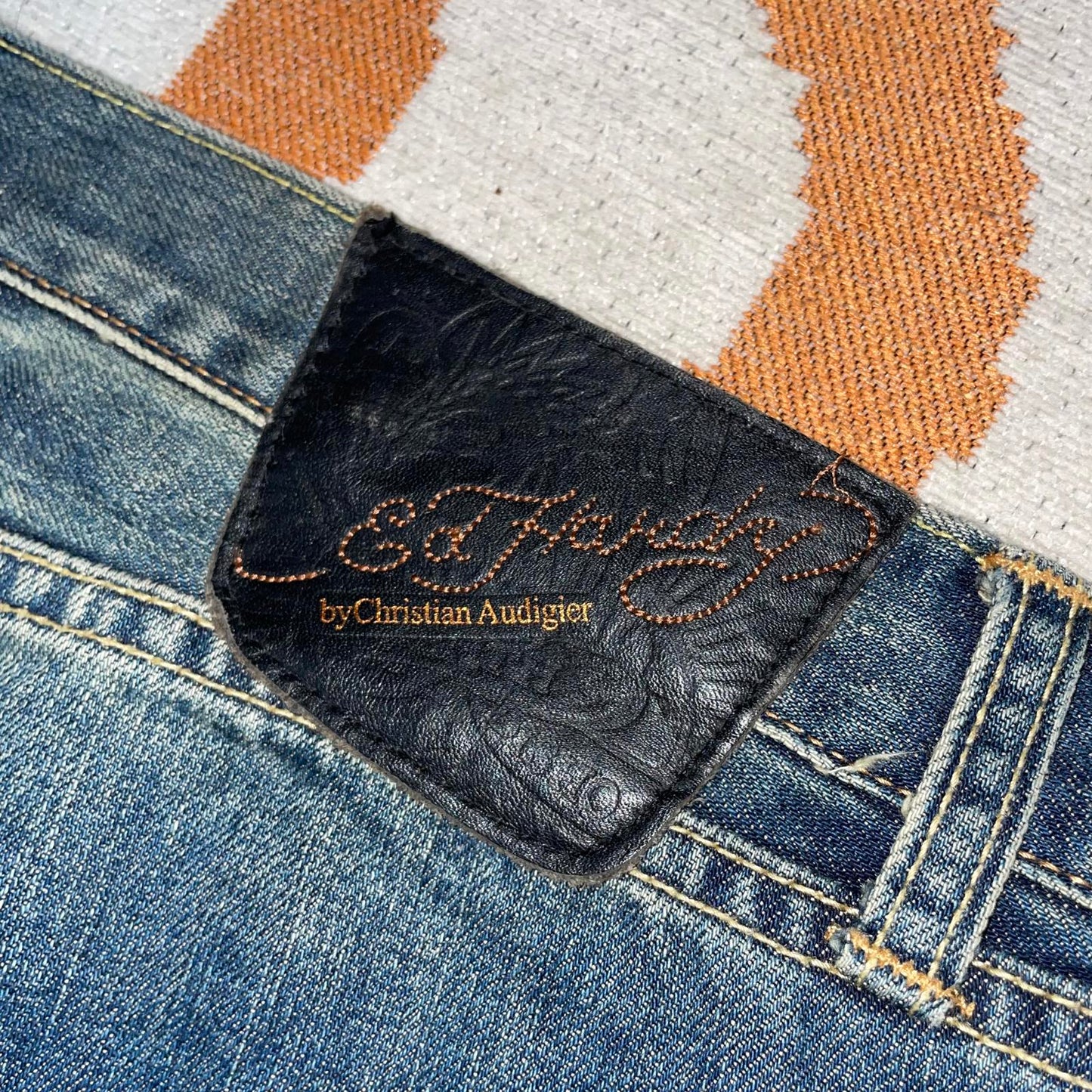 Ed Hardy 00s Embroidered Baggy Denim Blue Jeans 38x34