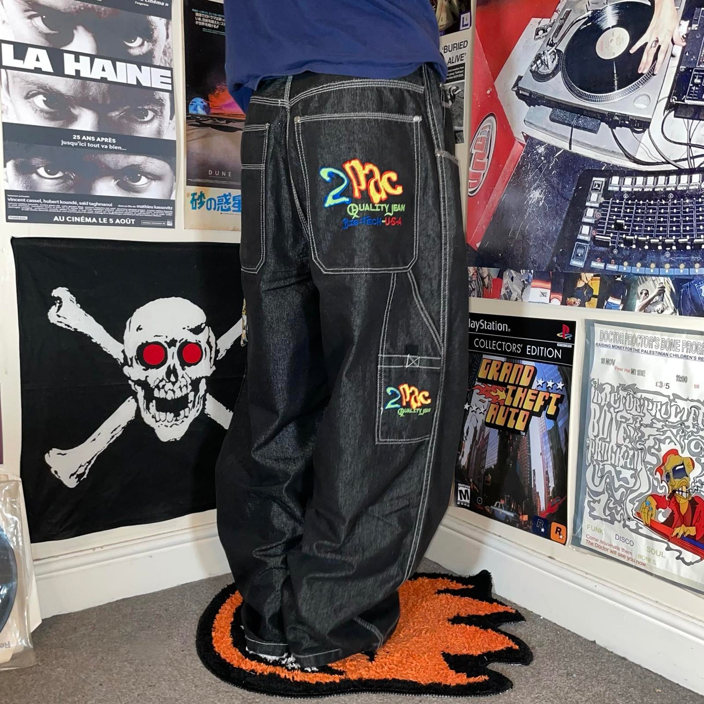 2Pac 90s Embroidered Baggy Black Denim Jeans 36x34