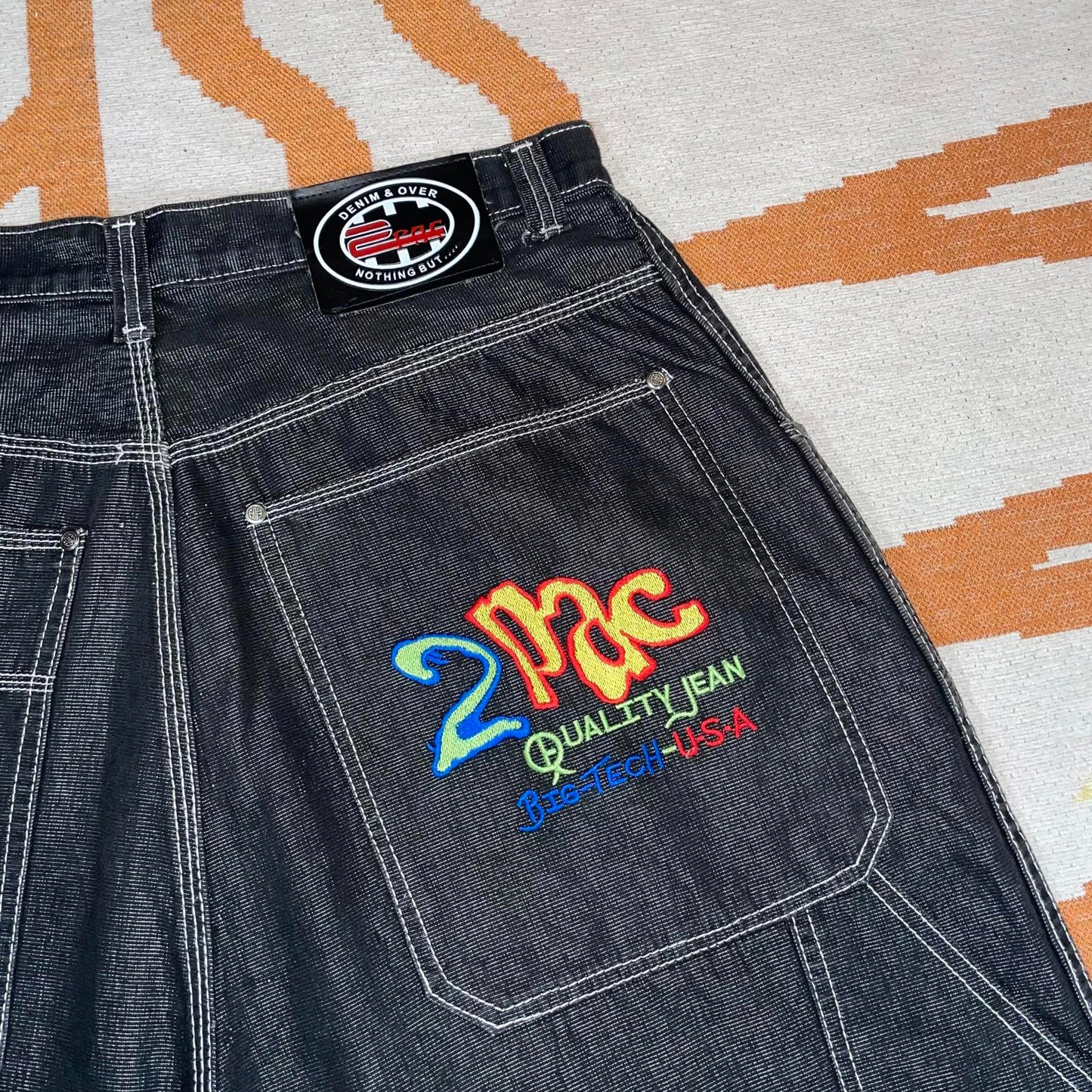 2Pac 90s Embroidered Baggy Black Denim Jeans 36x34