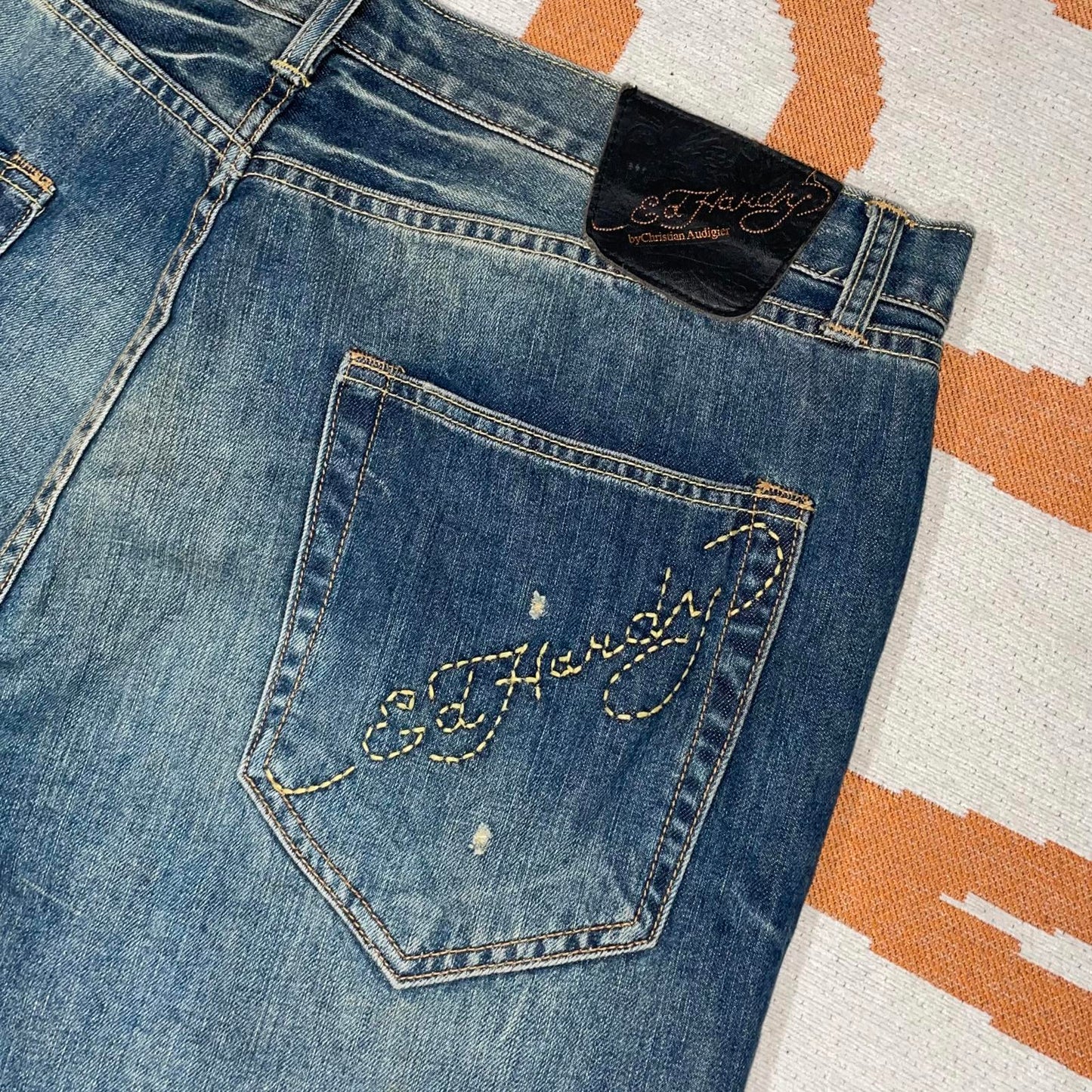 Ed Hardy 00s Embroidered Baggy Denim Blue Jeans 38x34