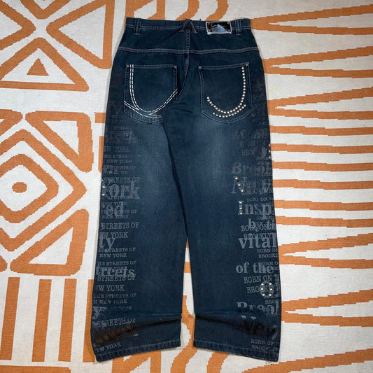 Karl Kani 90s NYC Printed/Studded Baggy Black Denim Jeans 34x34