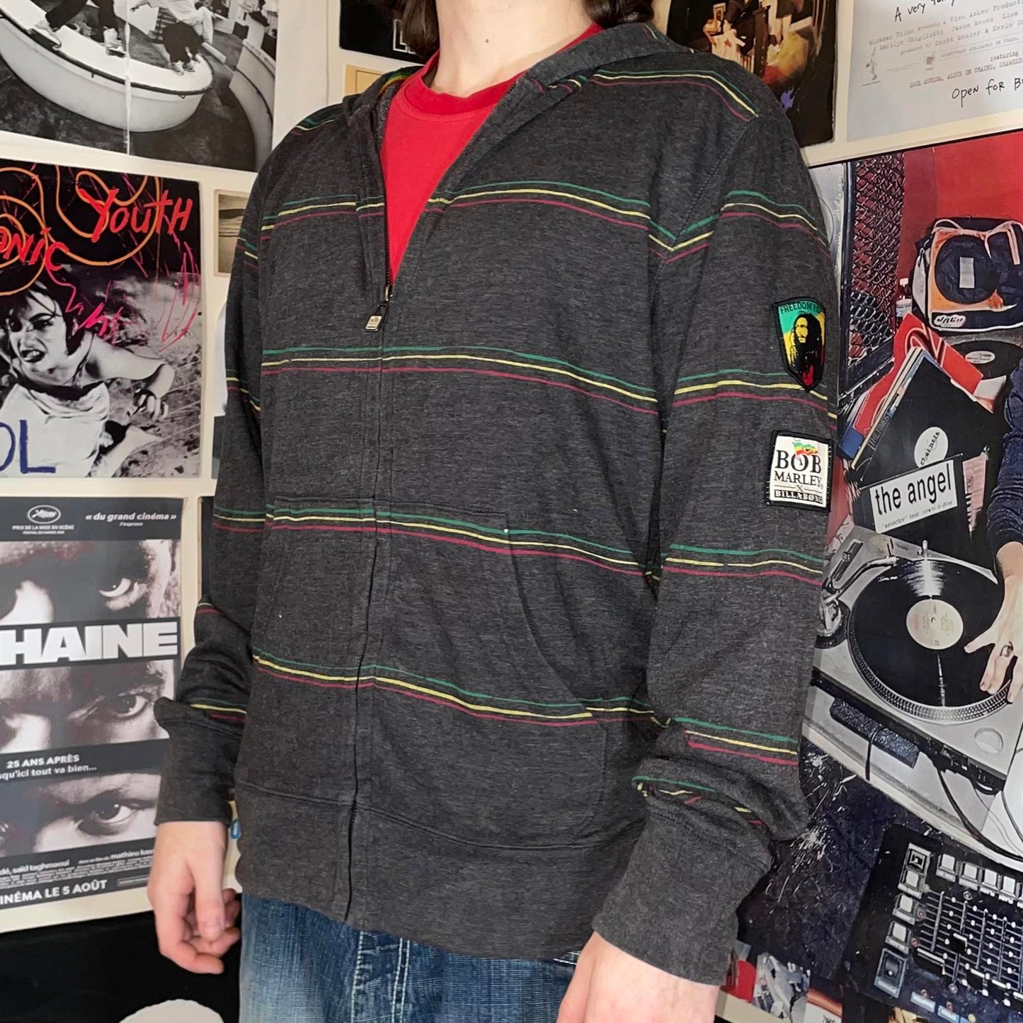 Billabong x Bob Marley 00s Striped Grey Reggae Zip Hoodie L