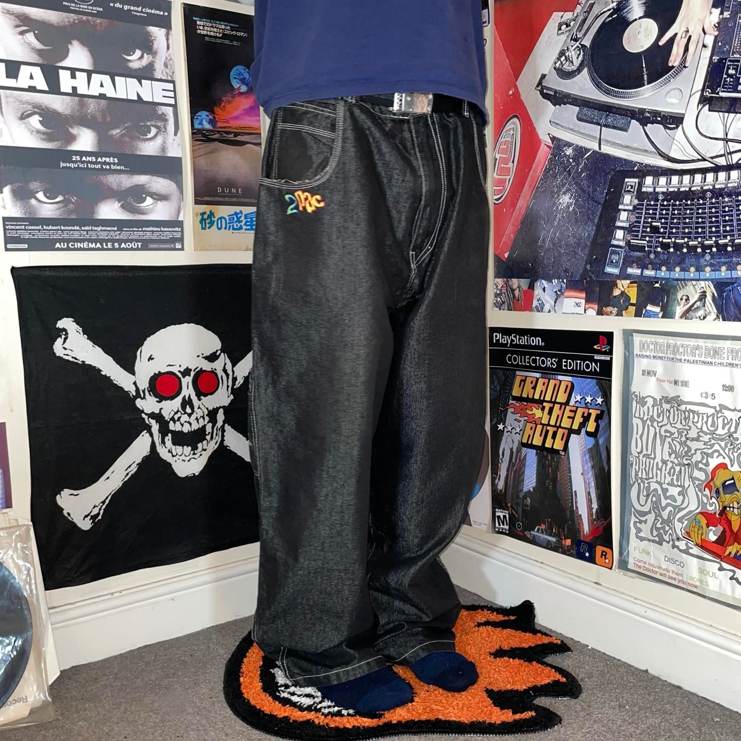 2Pac 90s Embroidered Baggy Black Denim Jeans 36x34