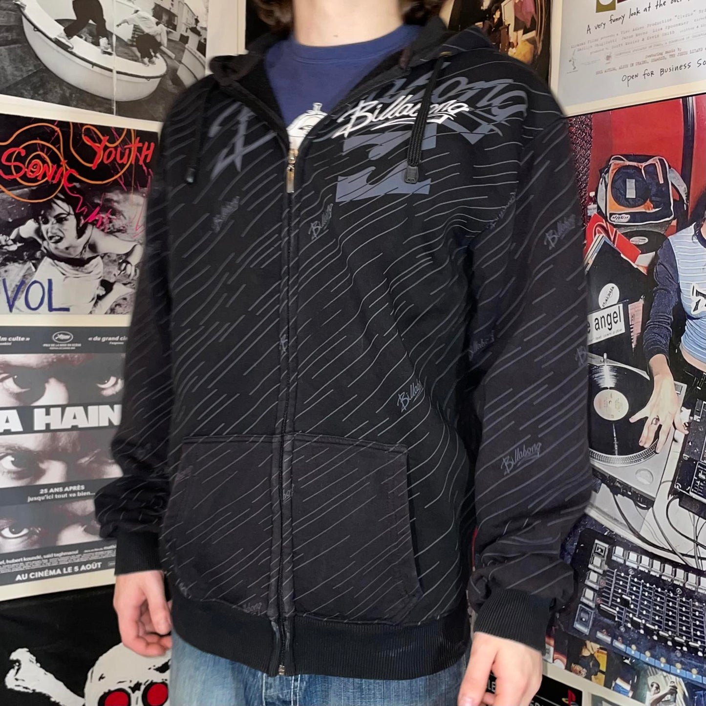 Billabong 00s Patterned Print Black Zip Hoodie XL