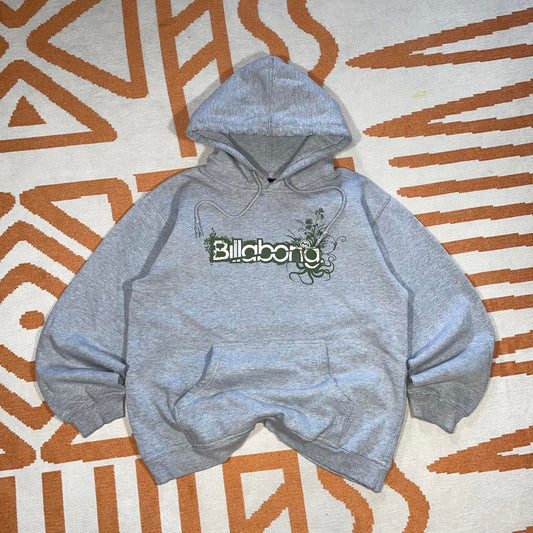 Billabong 00s Flora Spell-Out Graphic Grey Hoodie S
