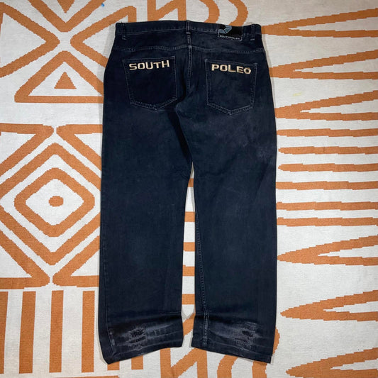 Southpole 90s Embroidered Black Denim Baggy Jeans 42x34