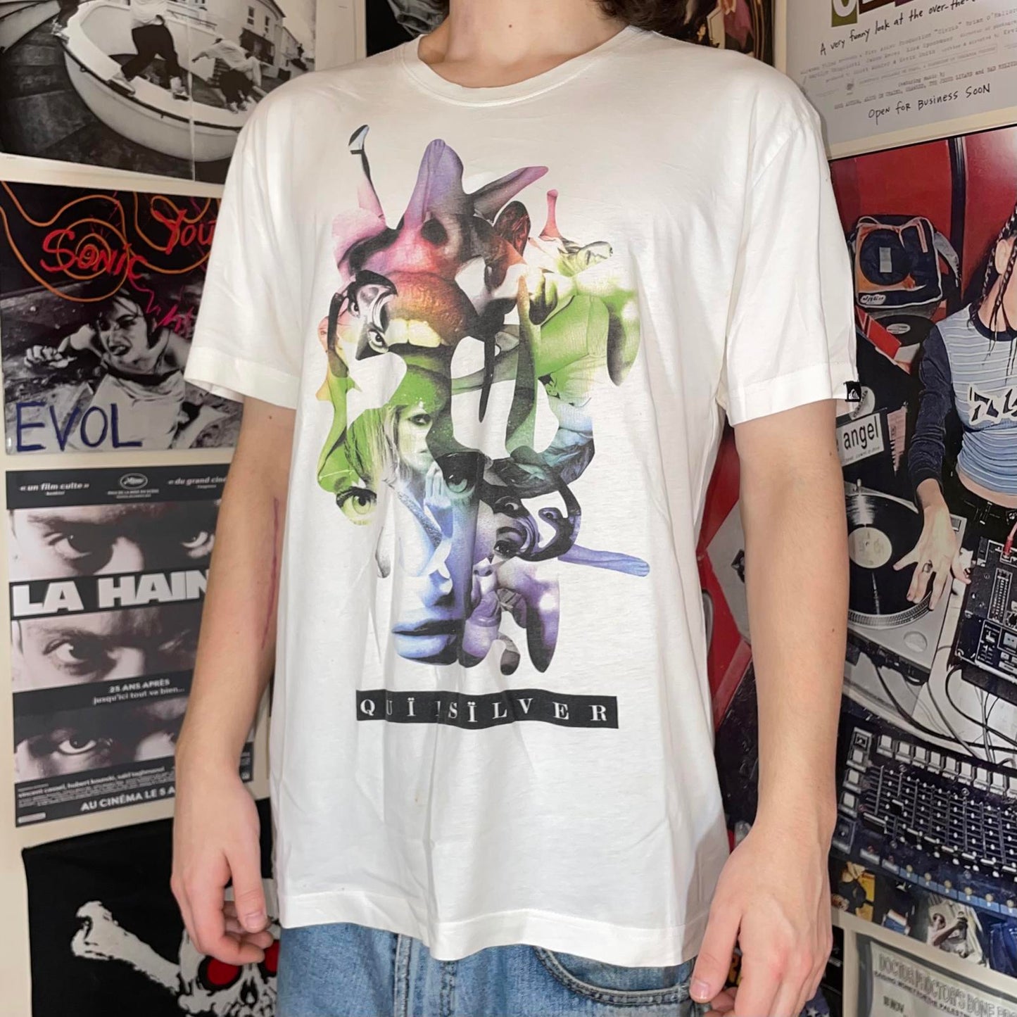 Quiksilver 00s Collage Art Graphic T-Shirt XL