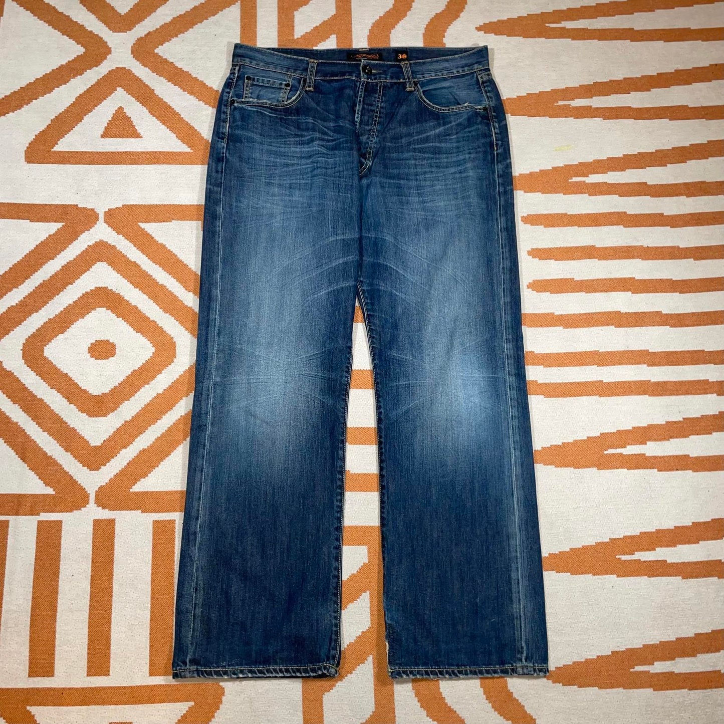 Ed Hardy 00s Embroidered Baggy Blue Denim Jeans 36x34