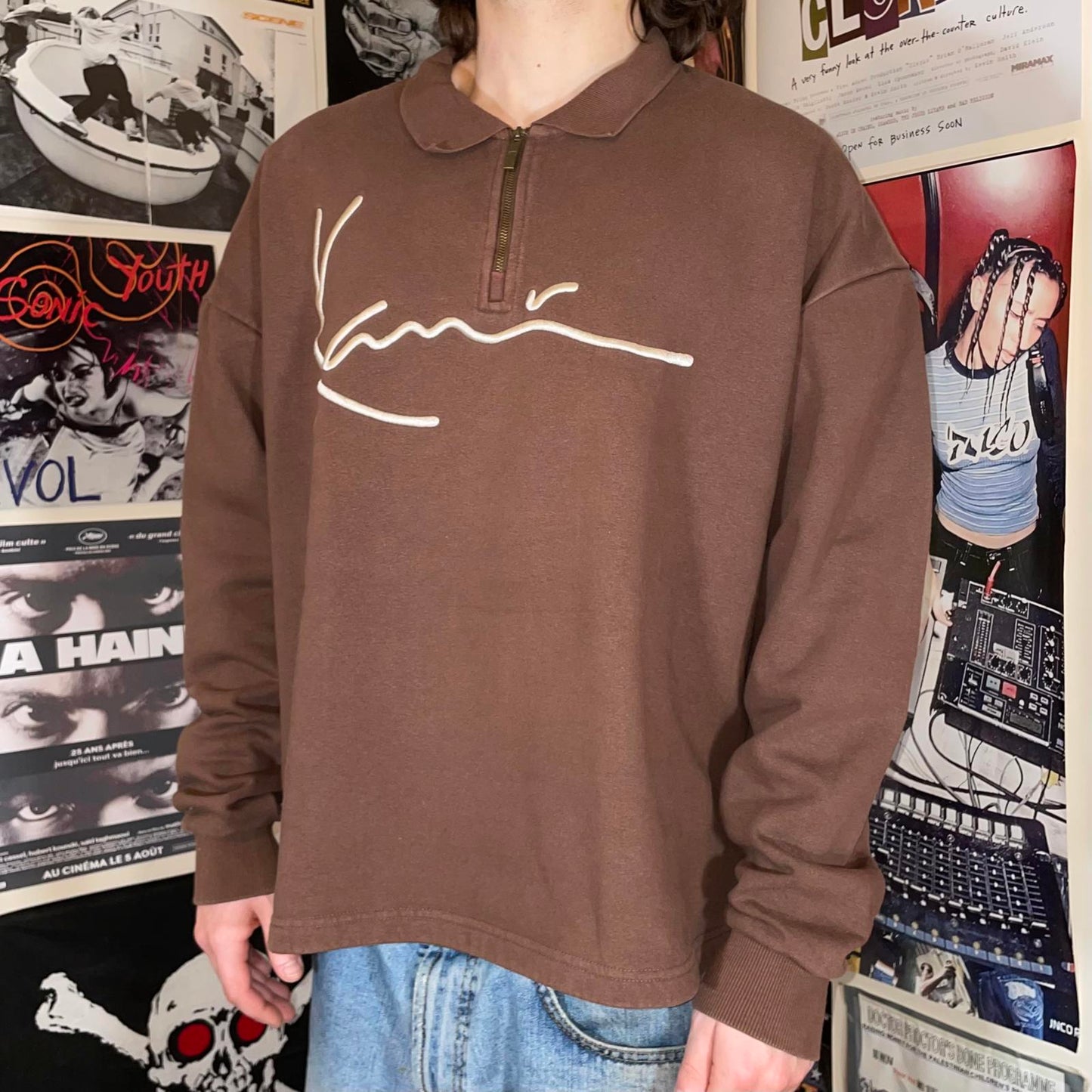 Karl Kani 00s Embroidered Quarter-Zip Brown Sweatshirt S