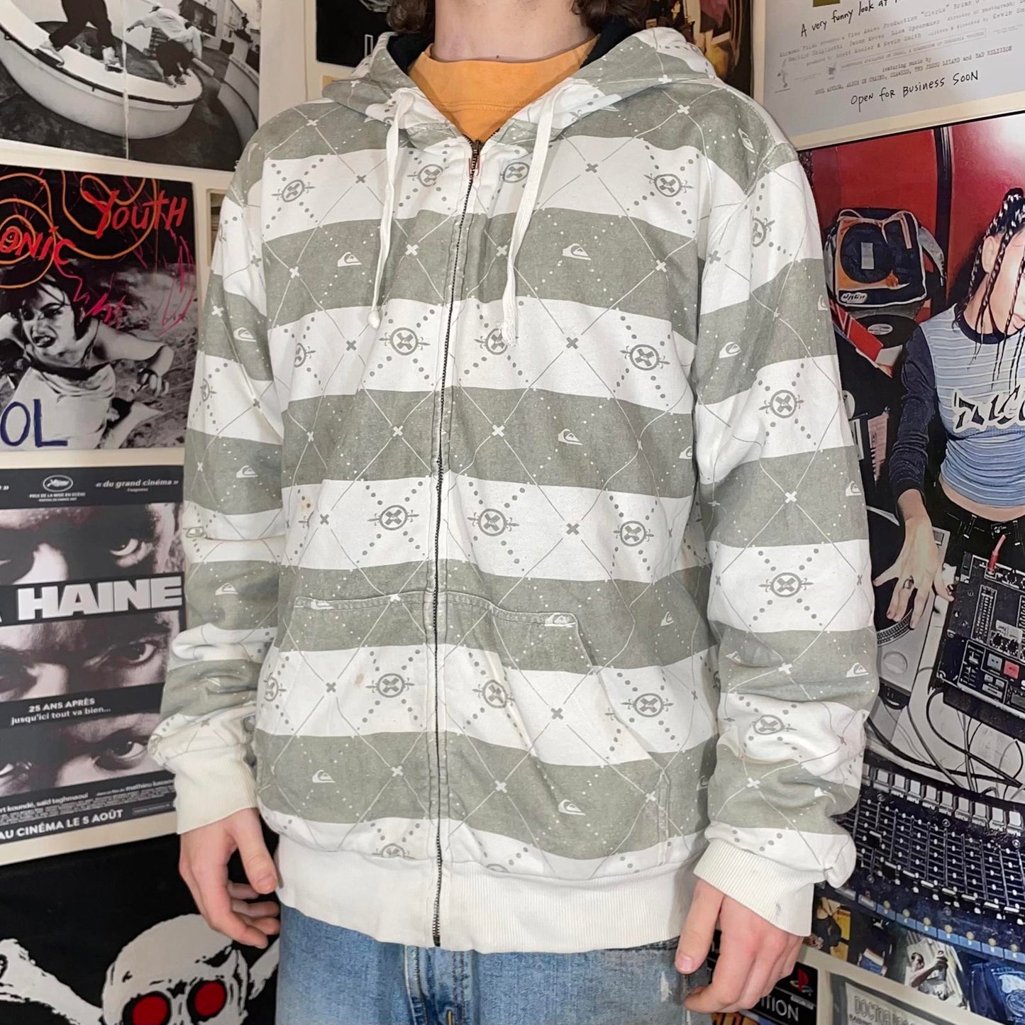 Quiksilver 00s Striped Pattern White Zip Hoodie L