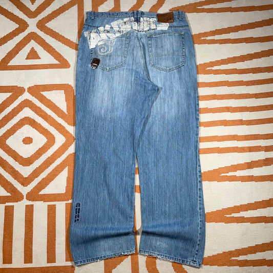 Akademiks 00s Printed ‘Warriors’ Baggy Blue Jeans 38x34
