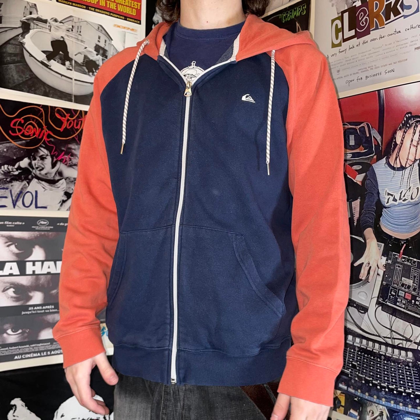 Quiksilver 00s Navy/Orange Logo Zip Hoodie M