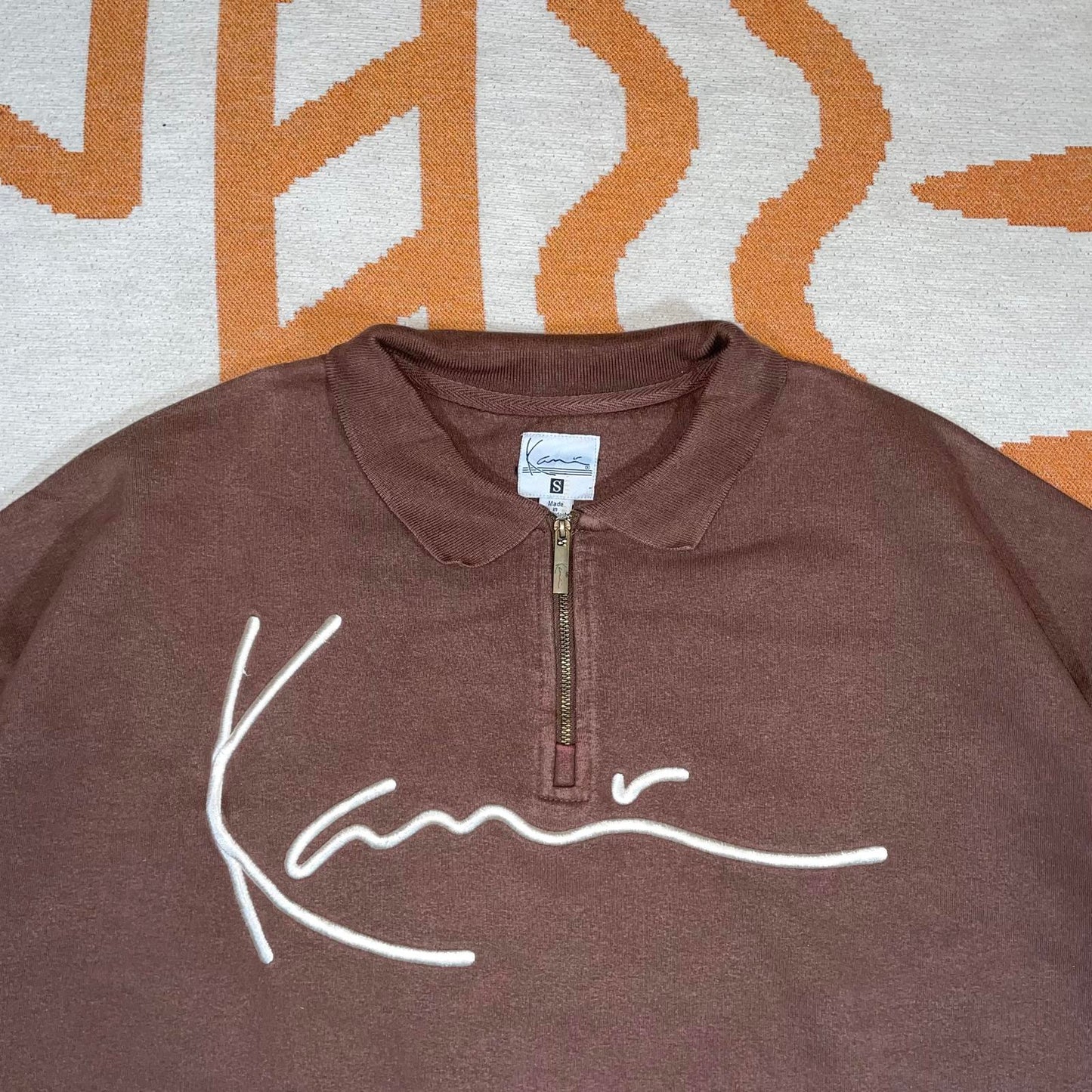 Karl Kani 00s Embroidered Quarter-Zip Brown Sweatshirt S