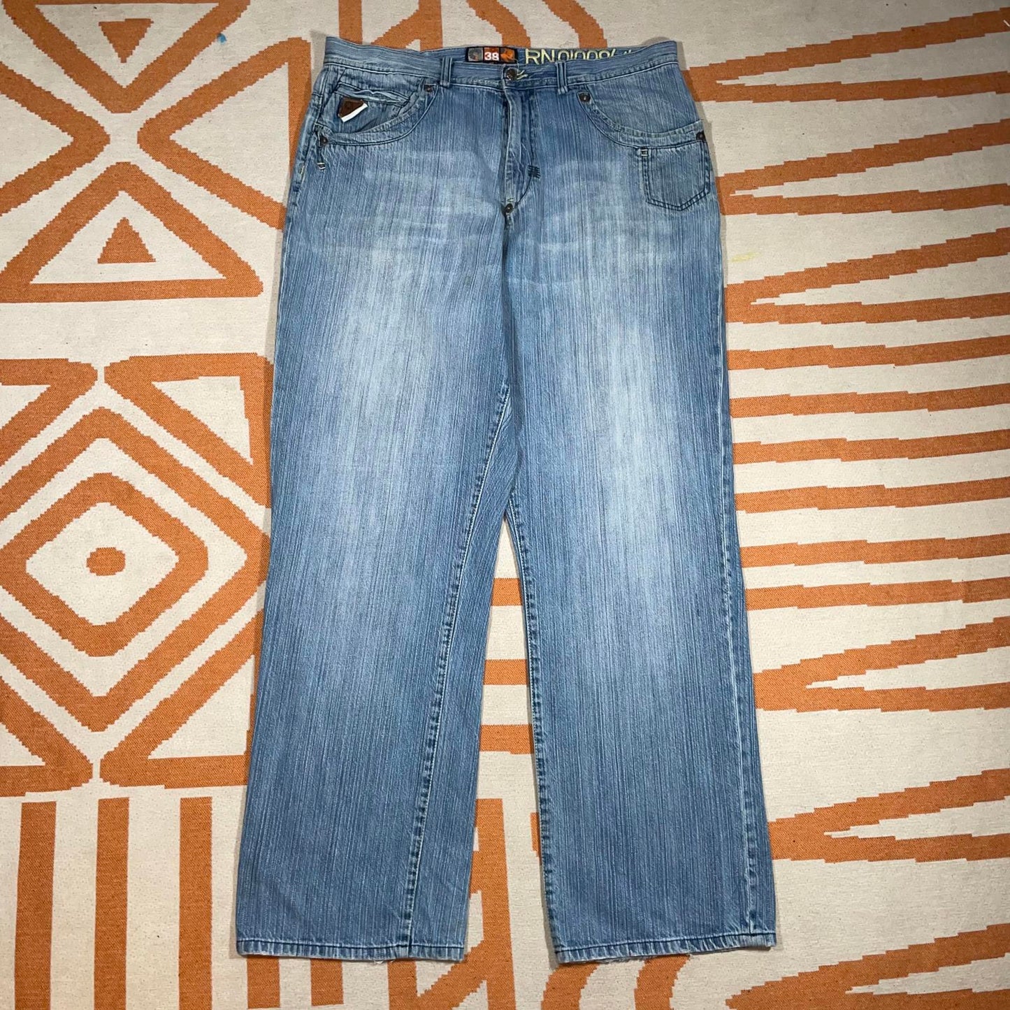 Akademiks 00s Printed ‘Warriors’ Baggy Blue Jeans 38x34