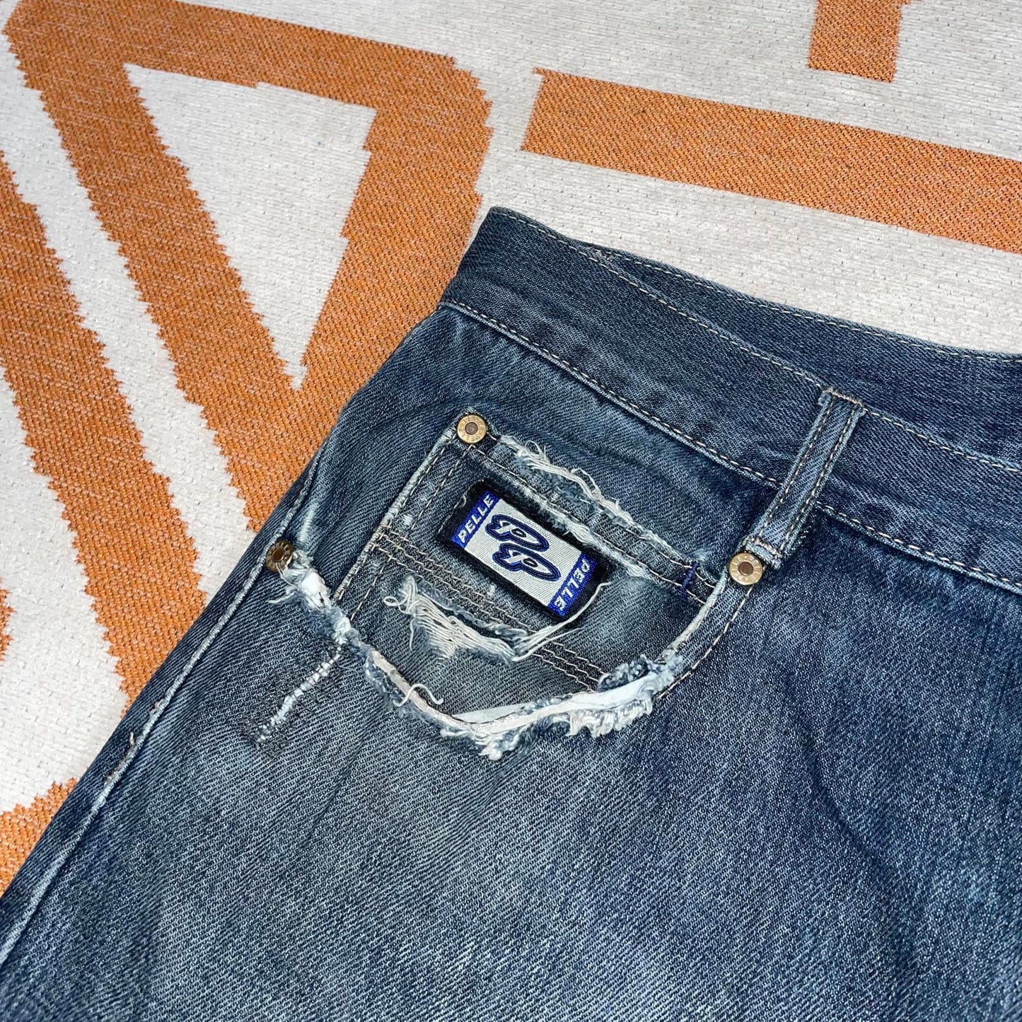 Pelle Pelle 00s Embroidered Dark Blue Baggy Denim Jeans 36x32