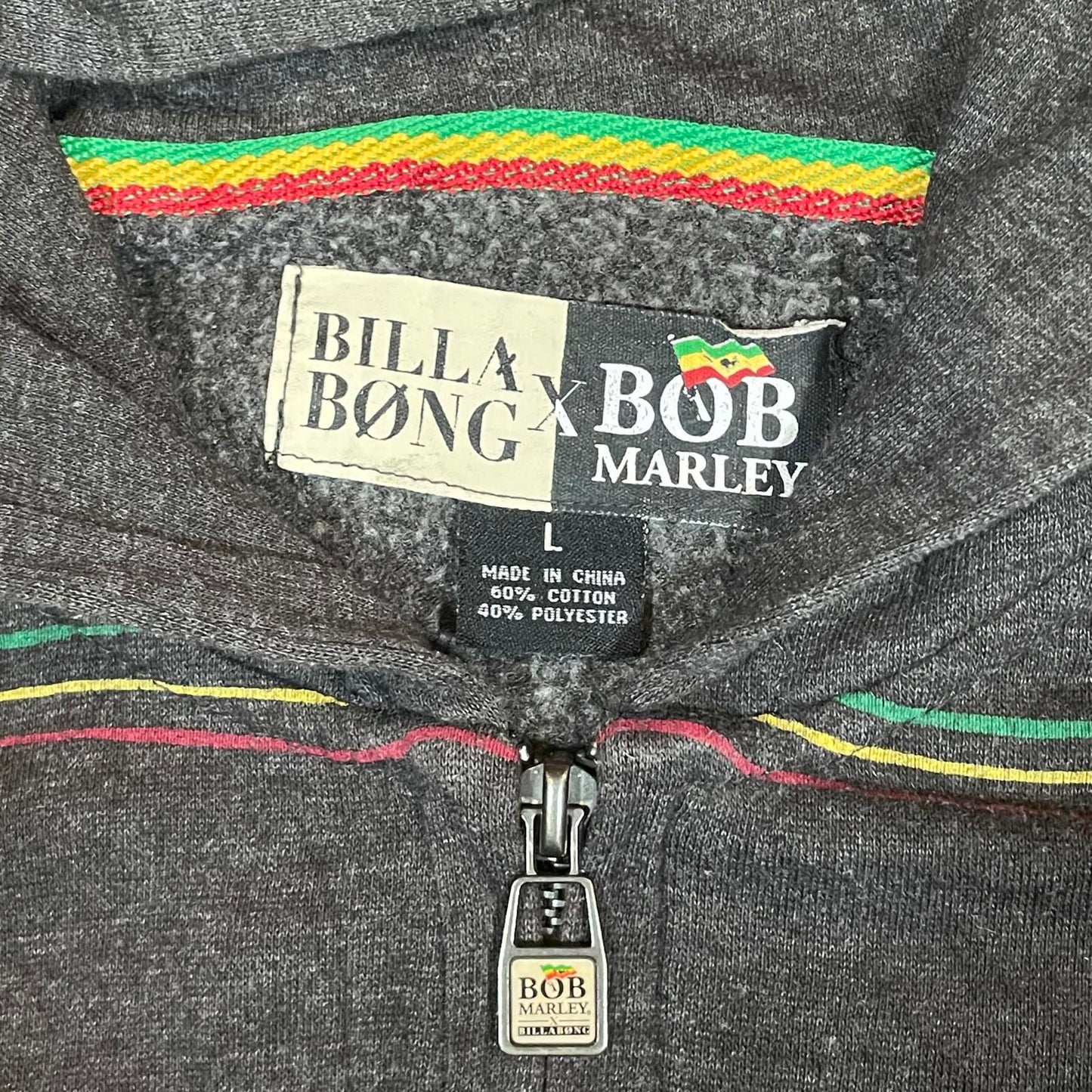 Billabong x Bob Marley 00s Striped Grey Reggae Zip Hoodie L