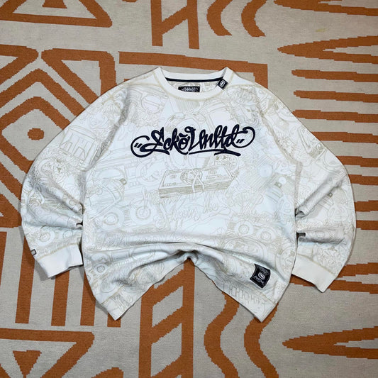Ecko Unltd. 00s Hip Hop Embroidered Pattern White Sweatshirt XL