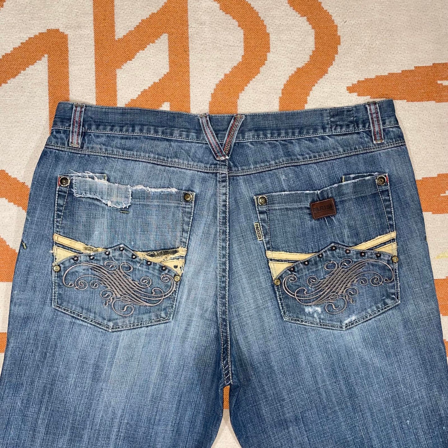 Parish 00s Embroidered Baggy Blue Jeans 40x33