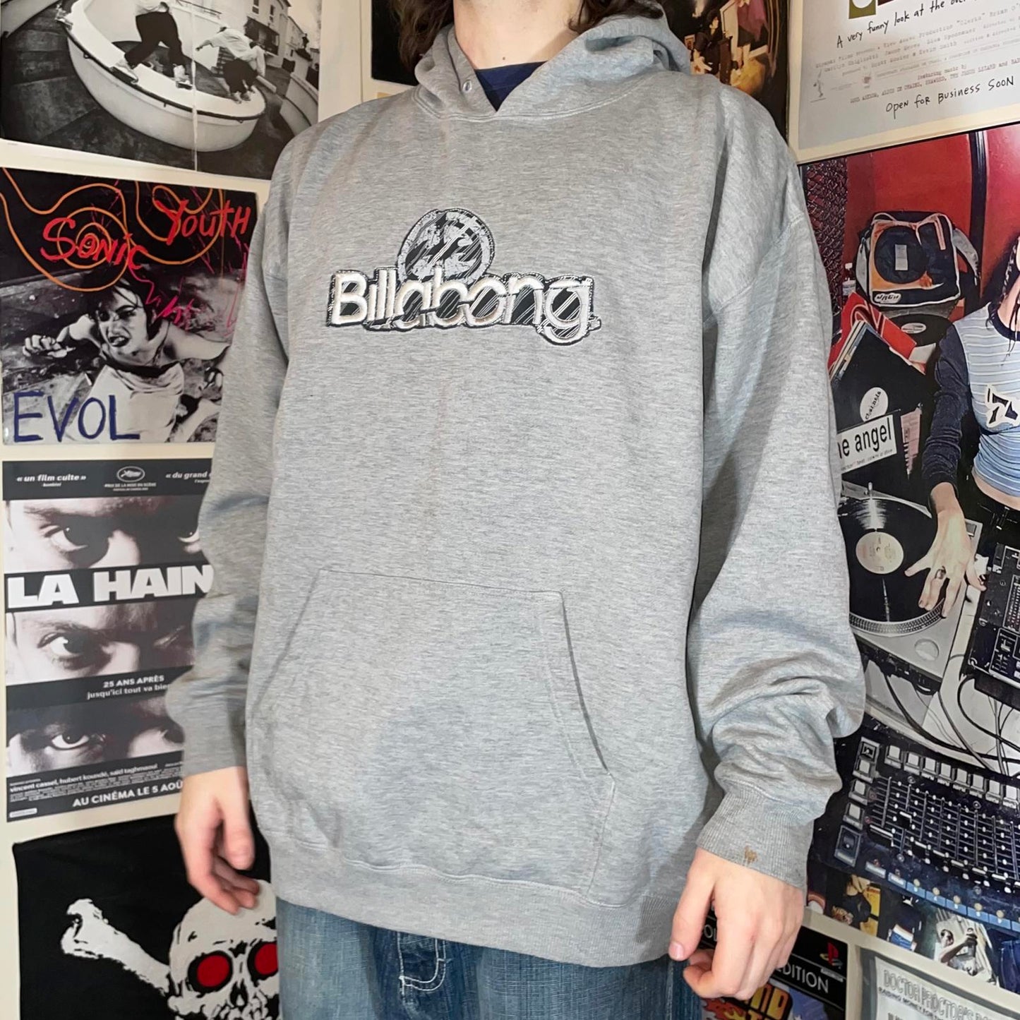 Billabong 90s Embroidered Spell-Out Grey Hoodie XL