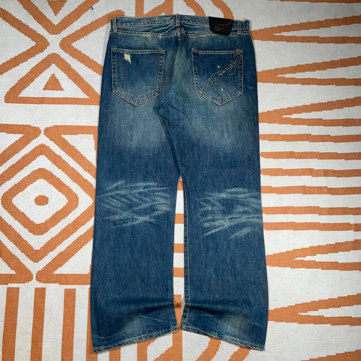 Ed Hardy 00s Embroidered Baggy Denim Blue Jeans 38x34