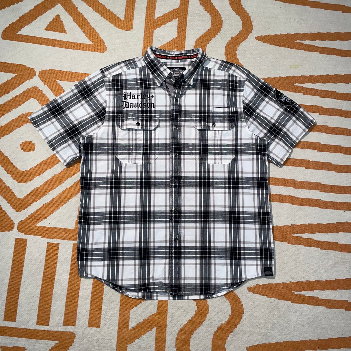 Harley Davidson 00s Check ‘Gothic’ Embroidered Shirt L