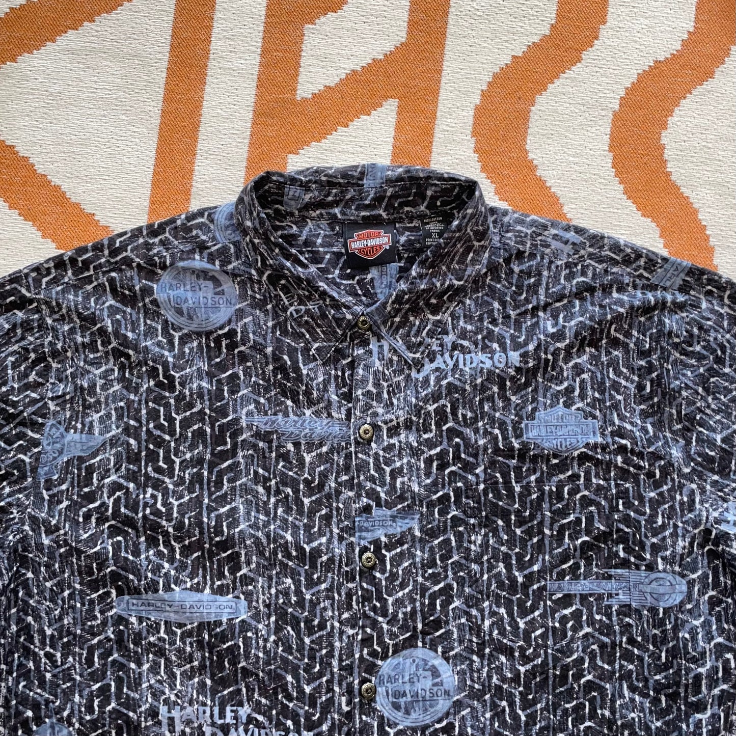 Harley Davidson 00s Pattern ‘Tire Tracks’ Shirt XL