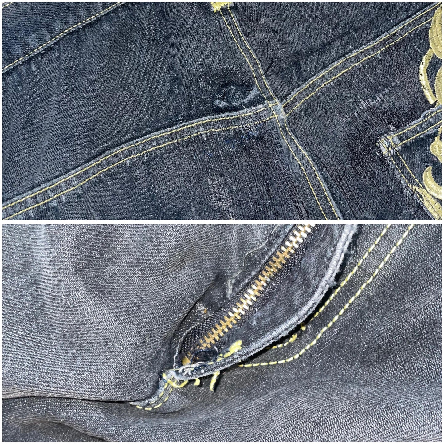 Jeunesse 00s Embroidered Gothic ‘Big P’ Black/Gold Baggy Jeans 40x31