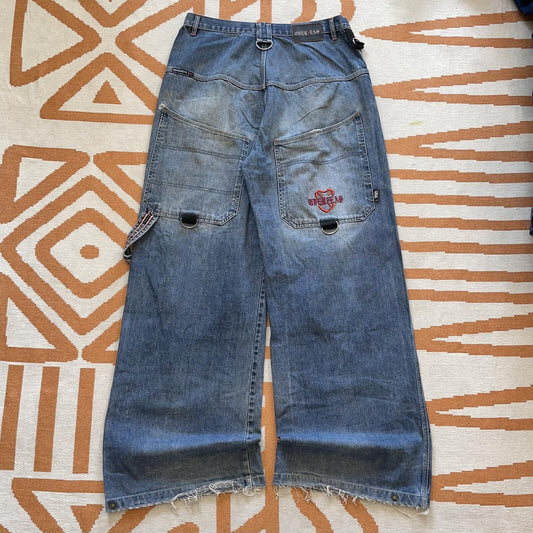 Overzeas 90s Embroidered Wide-Leg Blue Jeans 36x35
