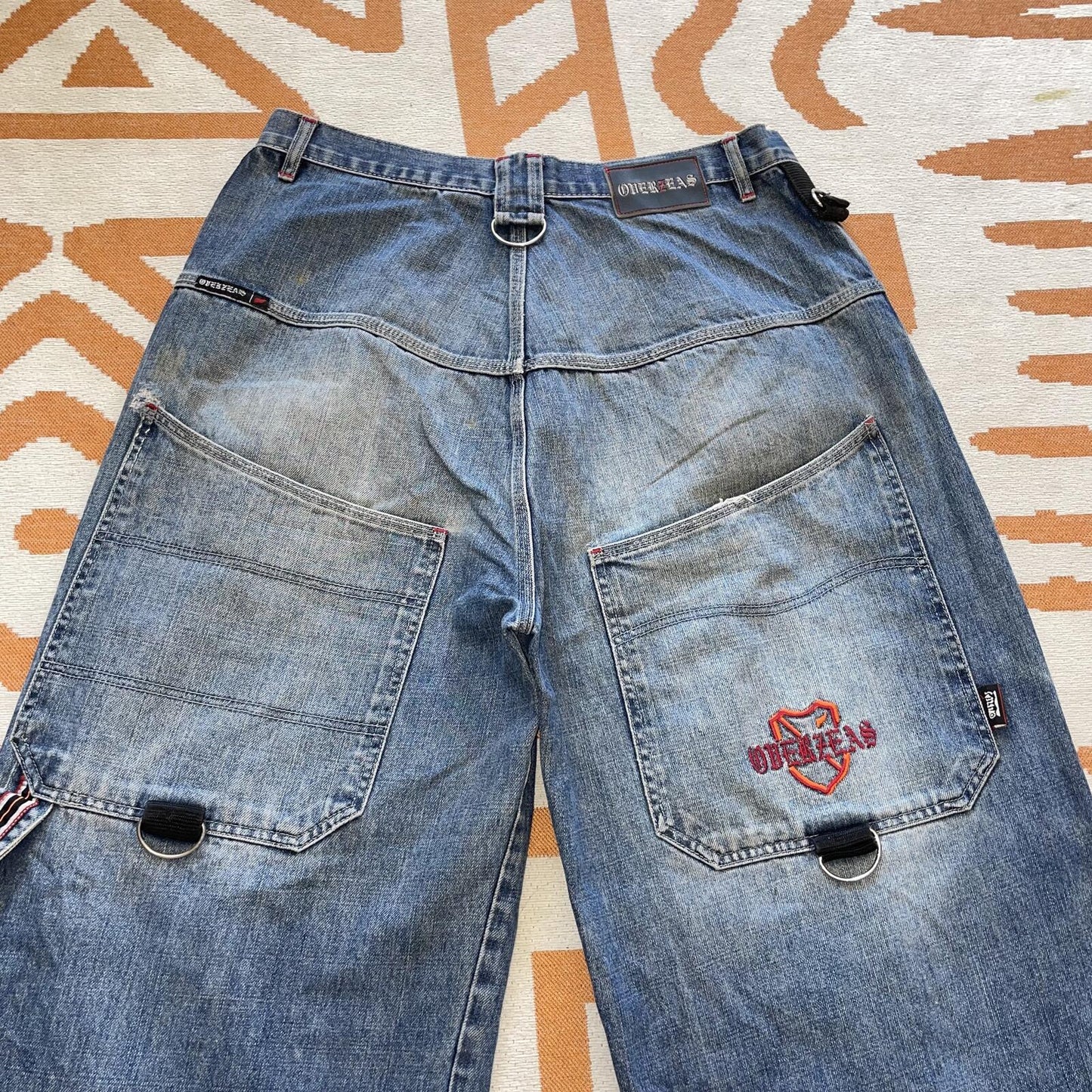Overzeas 90s Embroidered Wide-Leg Blue Jeans 36x35