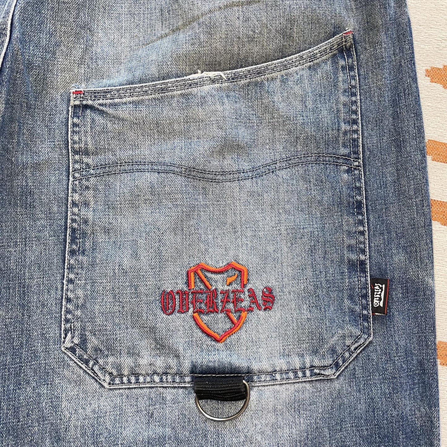 Overzeas 90s Embroidered Wide-Leg Blue Jeans 36x35