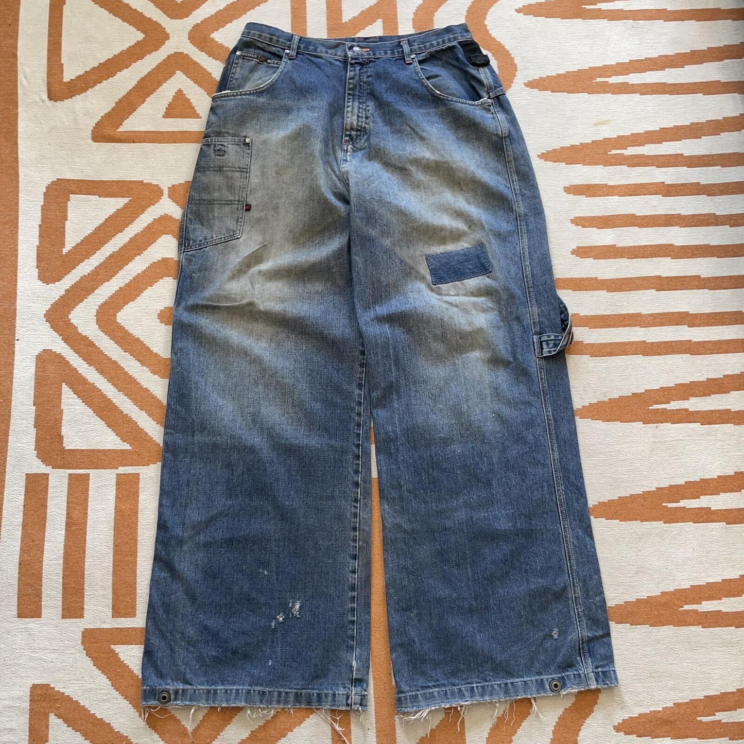 Overzeas 90s Embroidered Wide-Leg Blue Jeans 36x35