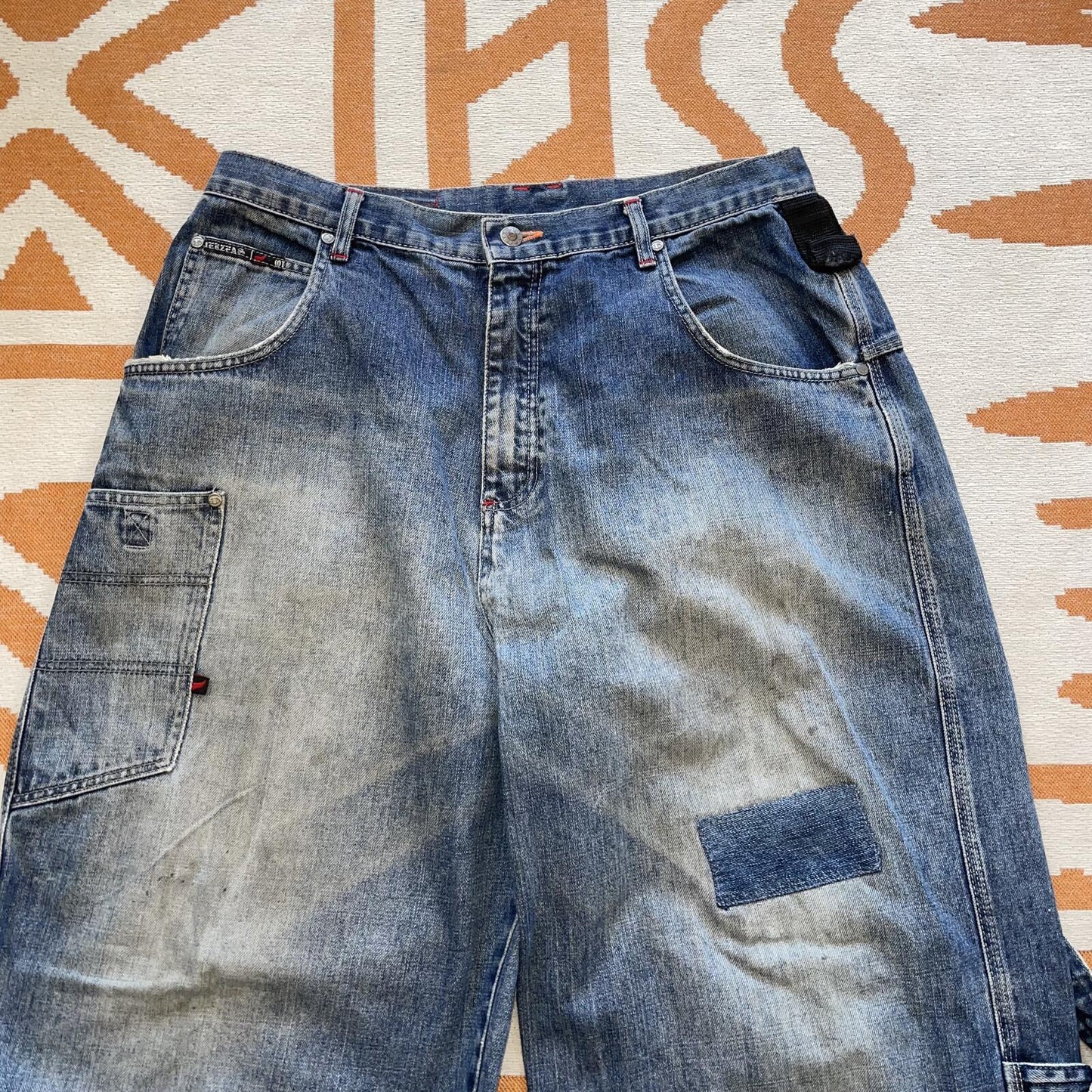 Overzeas 90s Embroidered Wide-Leg Blue Jeans 36x35