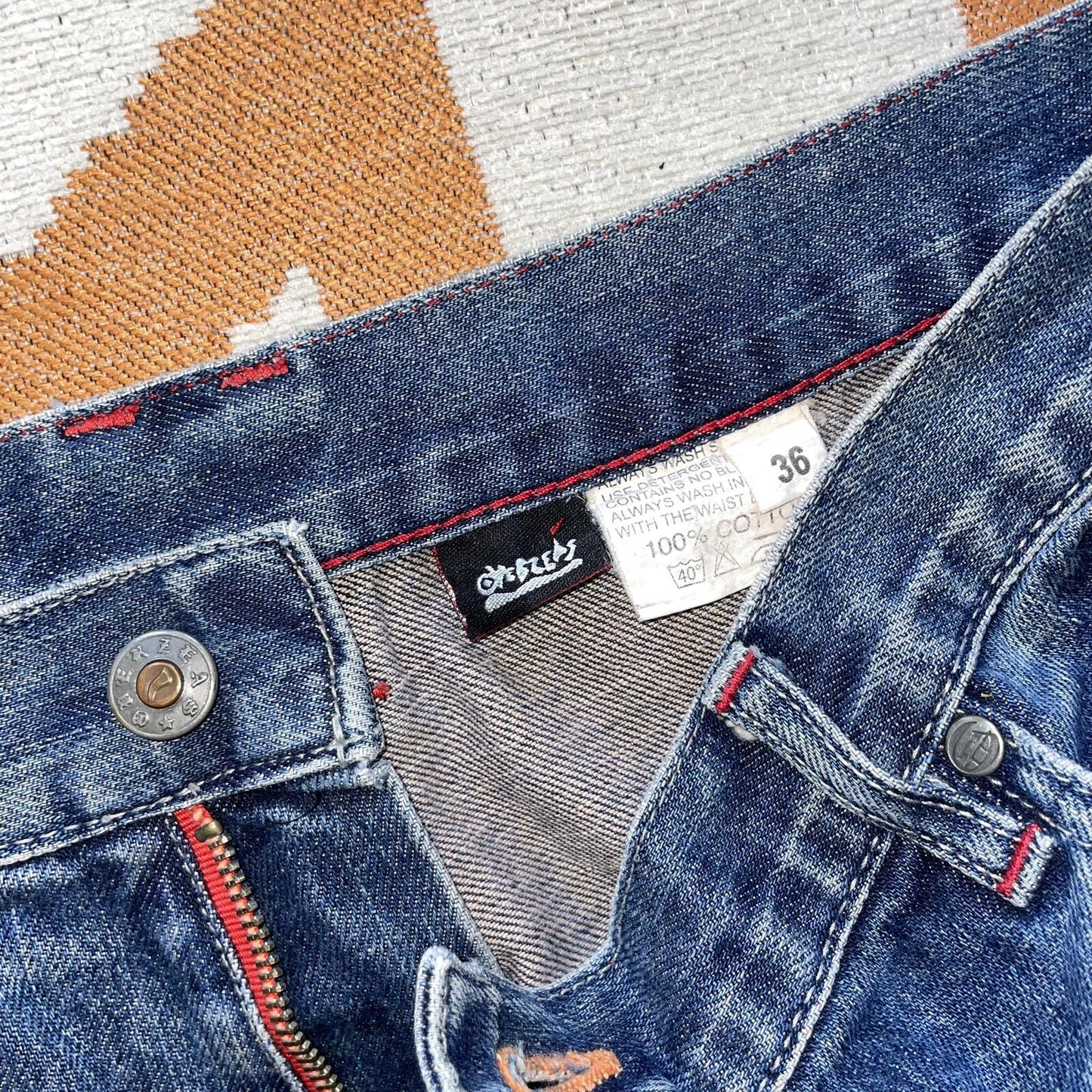 Overzeas 90s Embroidered Wide-Leg Blue Jeans 36x35