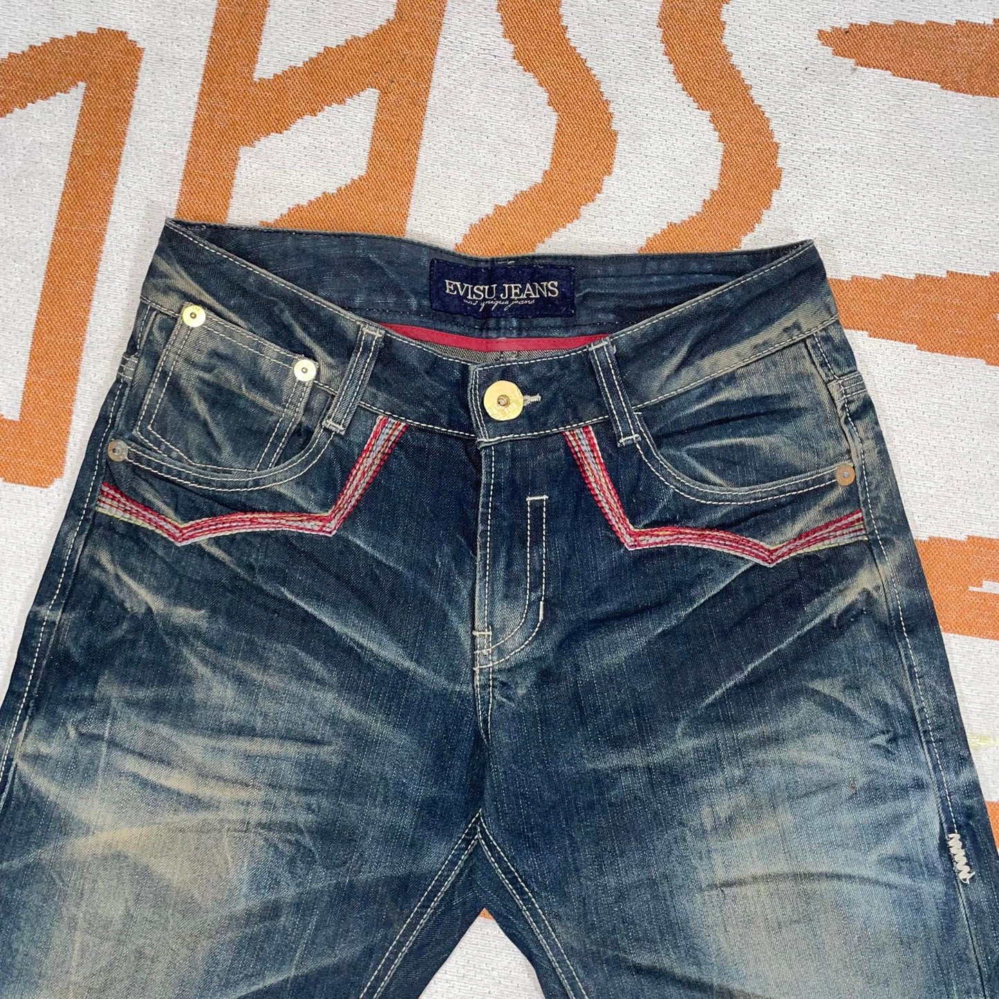 Evisu 00s Printed Contrast-Stitch Red Gull Denim Jeans 32x34