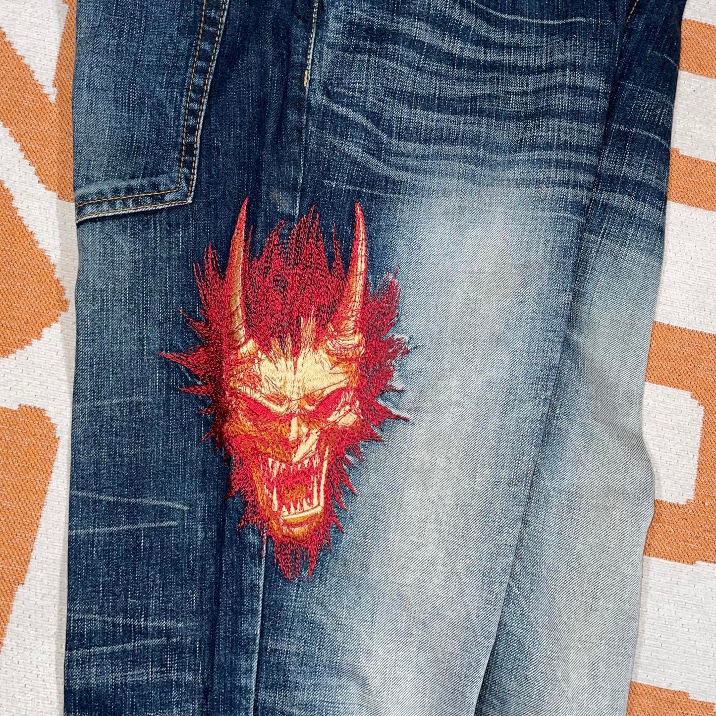 Oni Arai Embroidered Japanese Demon Denim Jeans 34x29