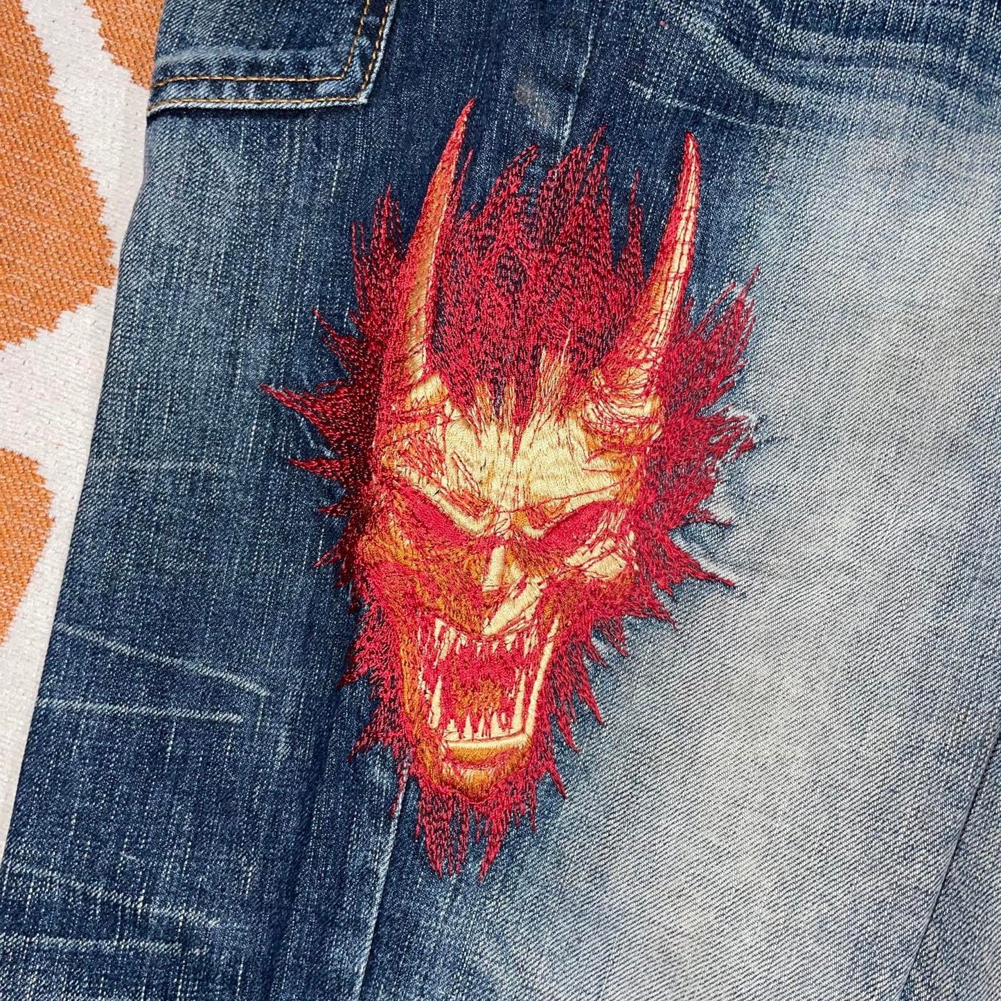 Oni Arai Embroidered Japanese Demon Denim Jeans 34x29