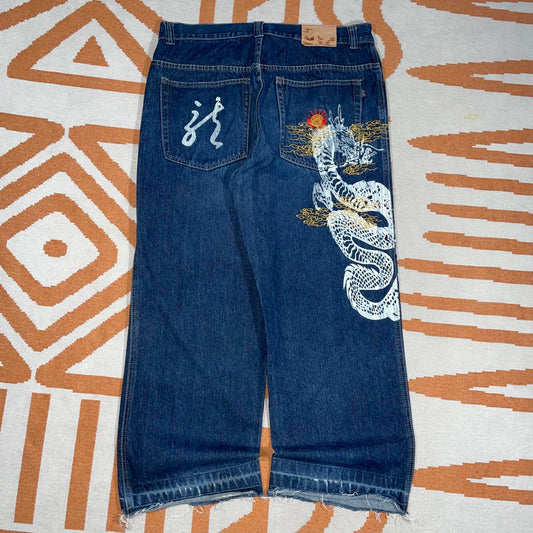 Happy Hope 90s Embroidered/Printed Dragon Baggy Jeans 34x28