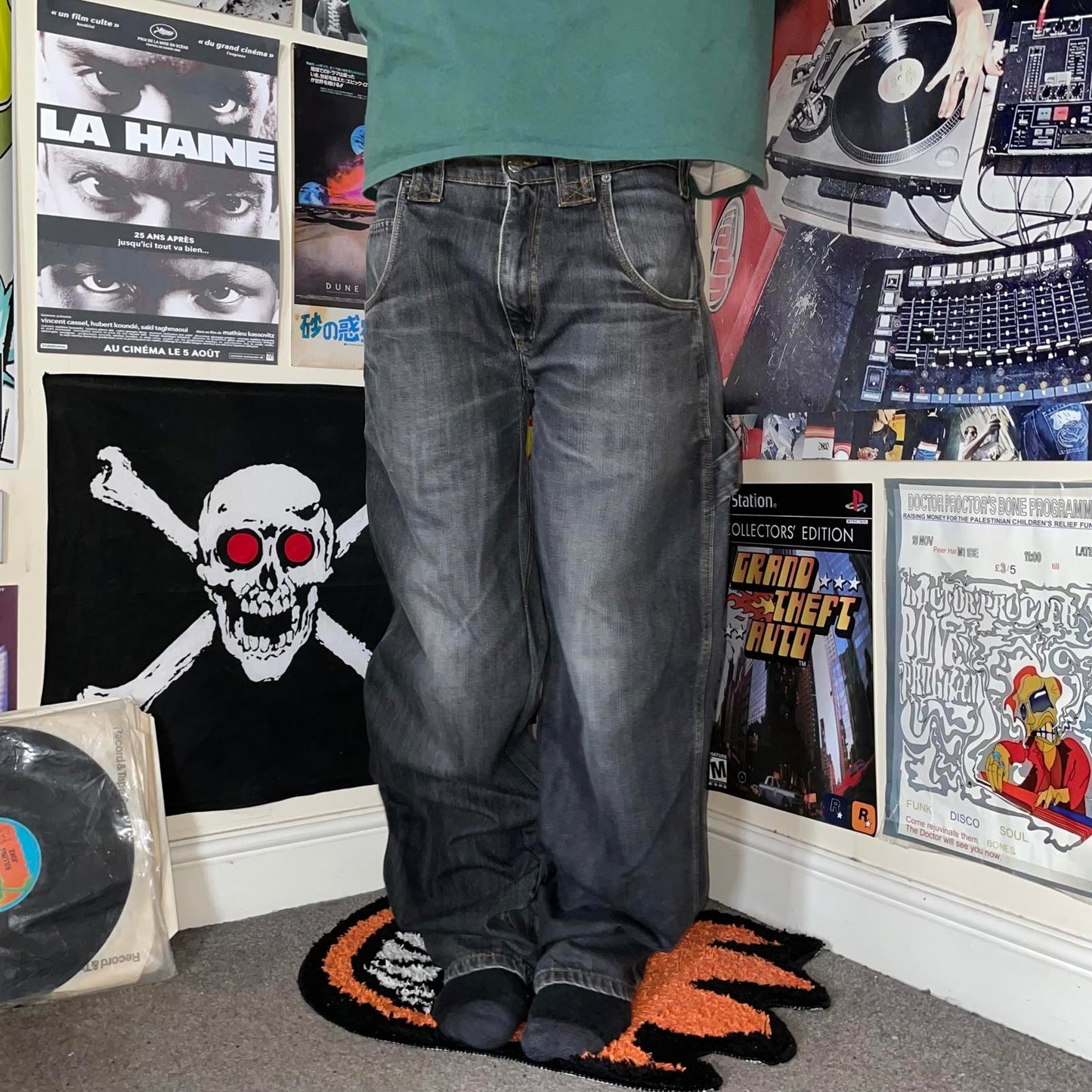 Diabolik 00s Printed Punk Rock Baggy Grey Jeans 34x34