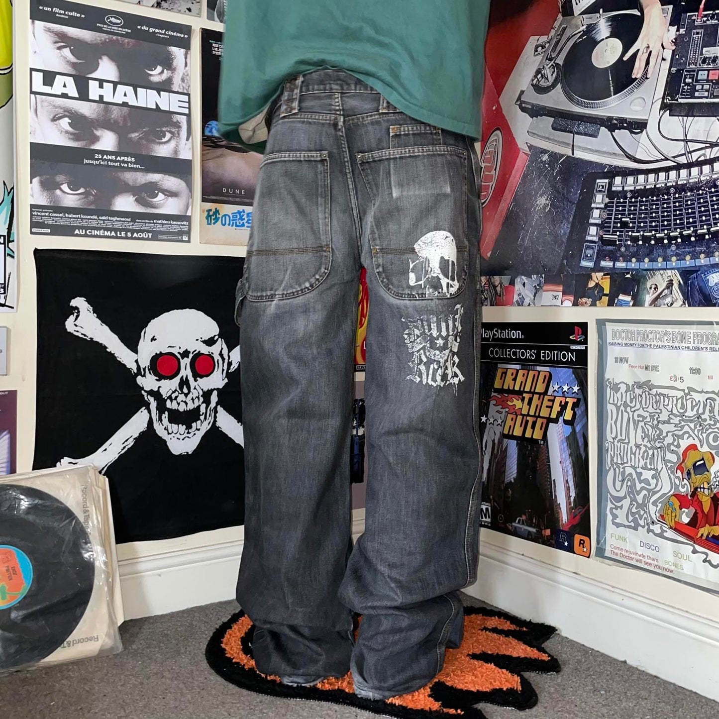 Diabolik 00s Printed Punk Rock Baggy Grey Jeans 34x34