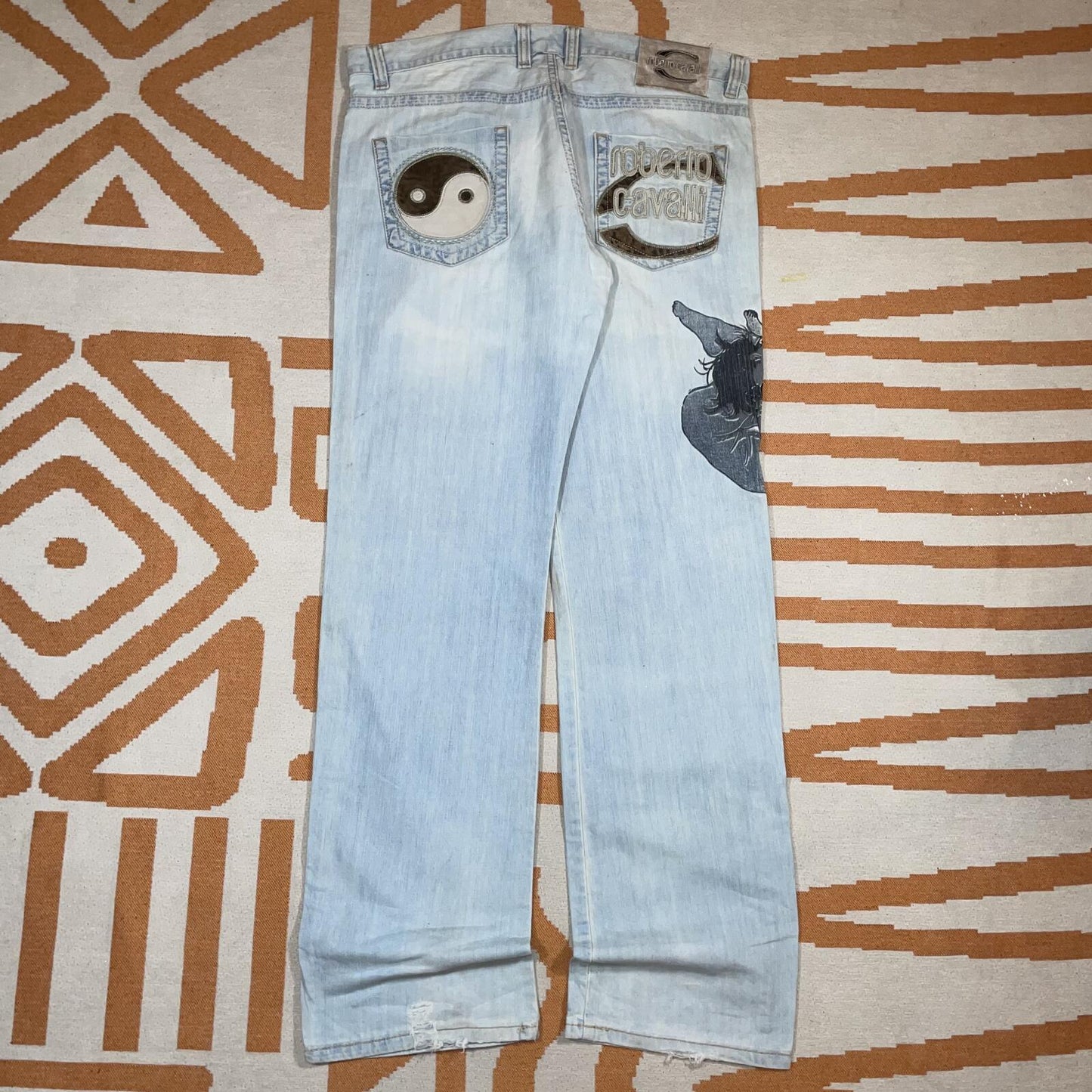 Roberto Cavalli 00s Embroidered ‘Yin&Yang’ Baggy Jeans 36x36