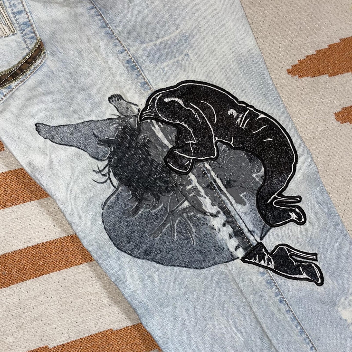 Roberto Cavalli 00s Embroidered ‘Yin&Yang’ Baggy Jeans 36x36
