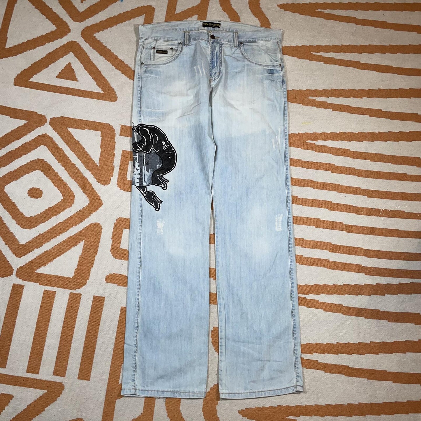Roberto Cavalli 00s Embroidered ‘Yin&Yang’ Baggy Jeans 36x36