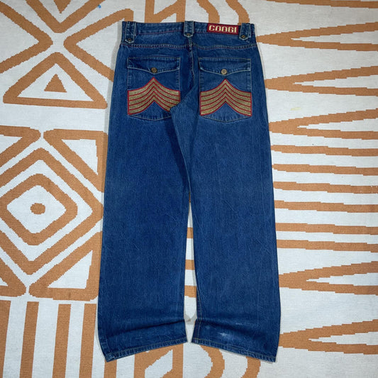 Coogi 90s Embroidered ‘Arrows’ Blue/Gold Baggy Jeans 36x32