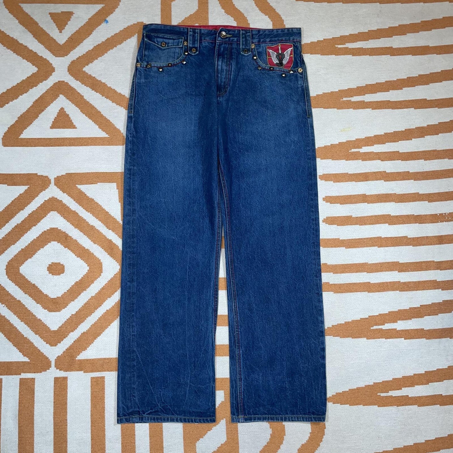 Coogi 90s Embroidered ‘Arrows’ Blue/Gold Baggy Jeans 36x32