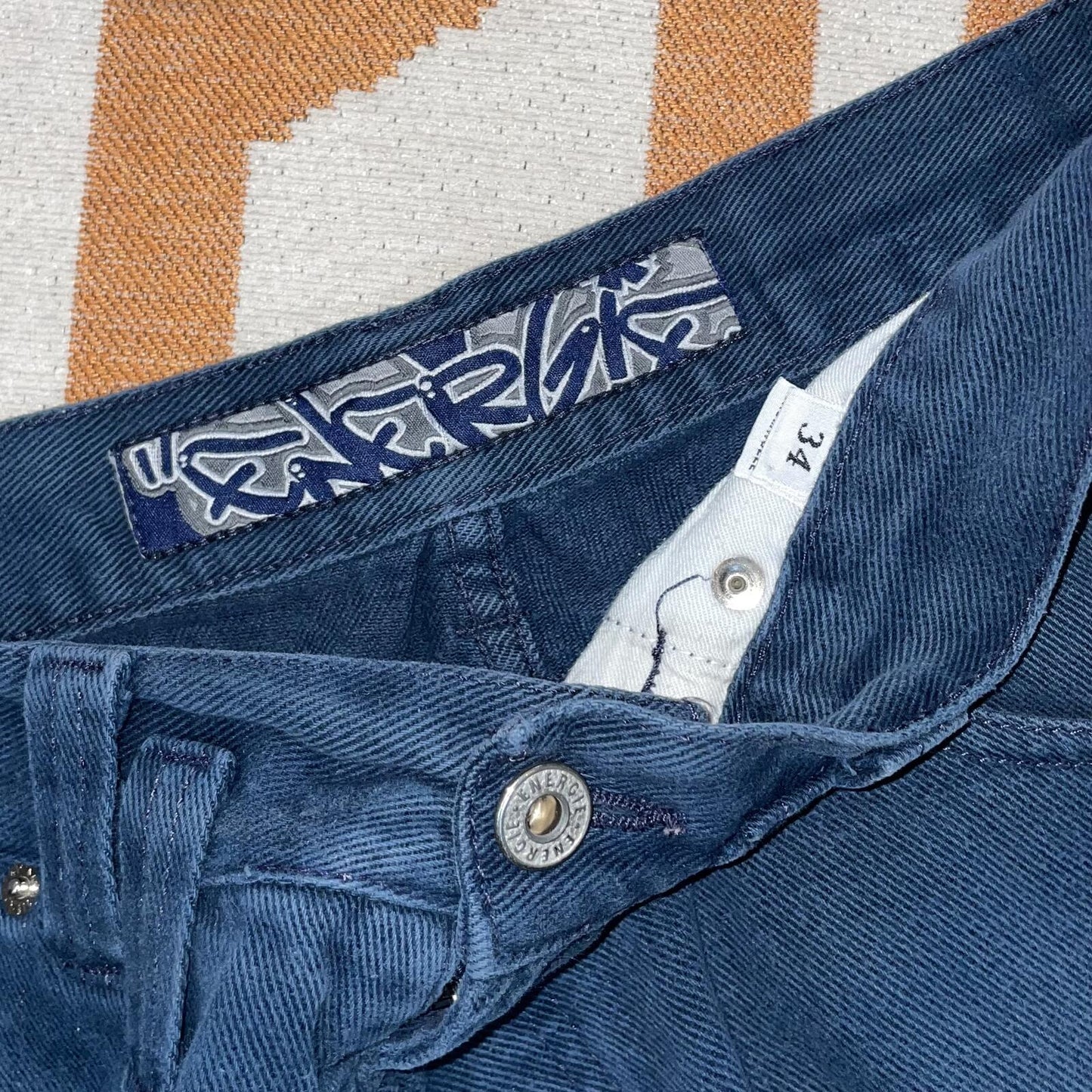 Energie 90s Embroidered/Striped Baggy Navy Jeans 34x32