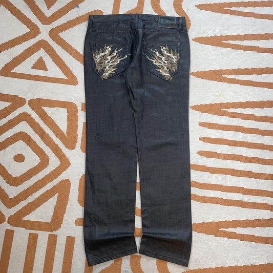 Oni Arai 00s Black/Gold Japanese Embroidered Jeans 34x33