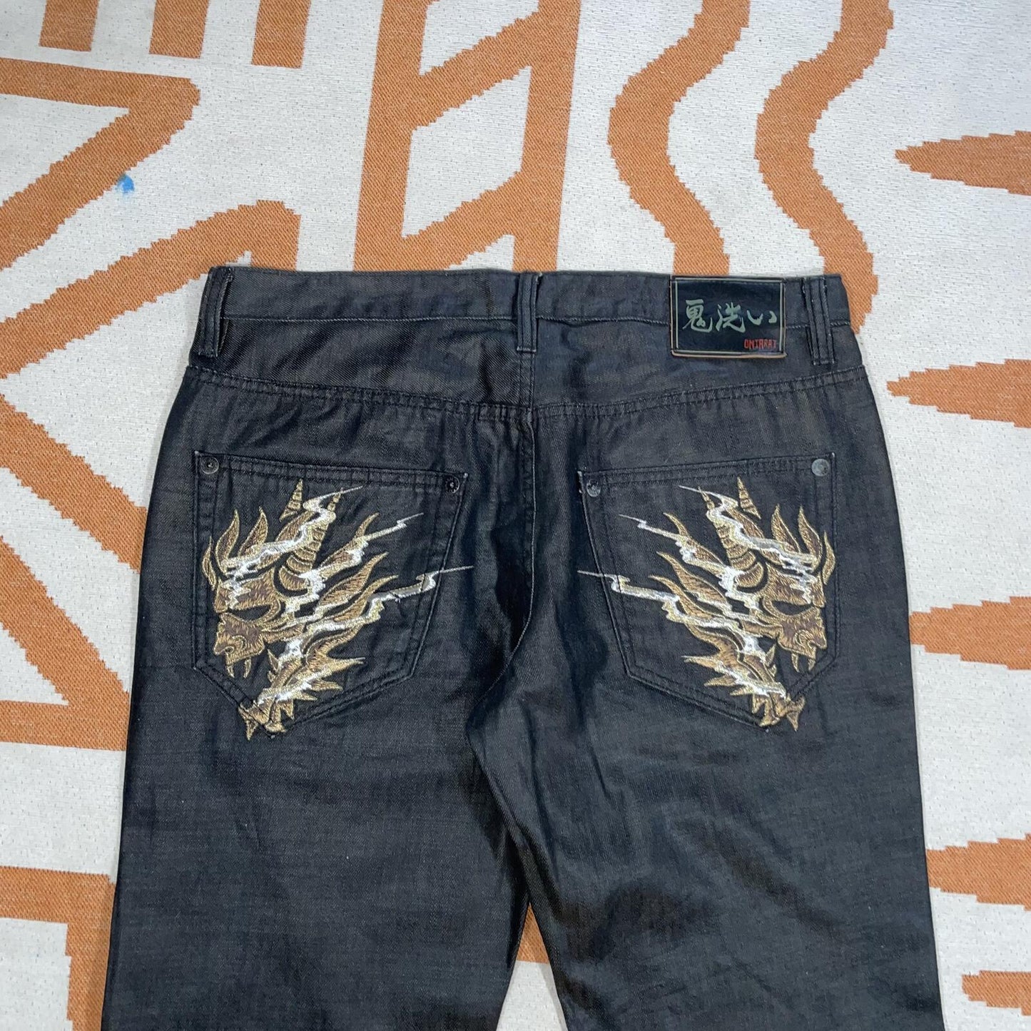 Oni Arai 00s Black/Gold Japanese Embroidered Jeans 34x33