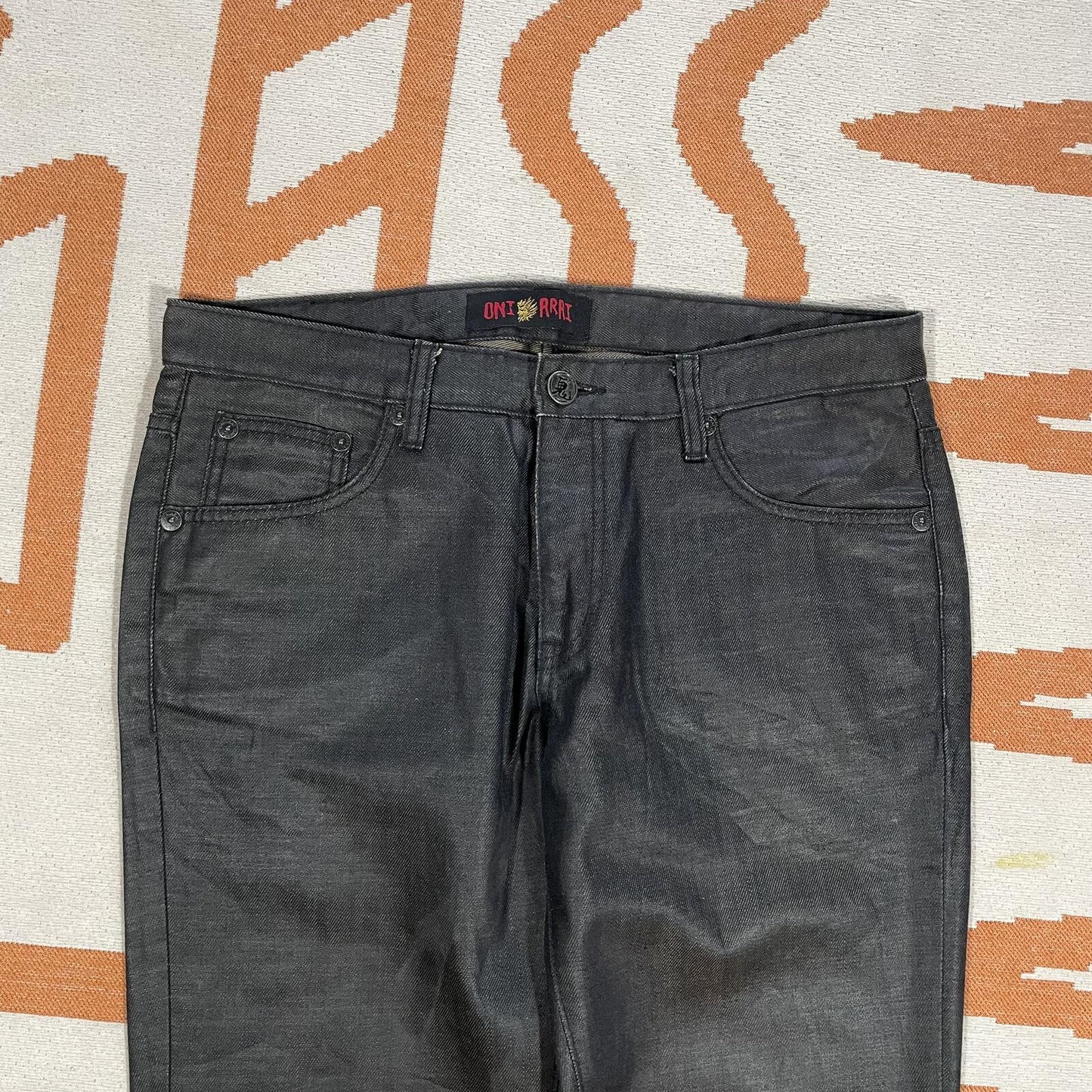 Oni Arai 00s Black/Gold Japanese Embroidered Jeans 34x33