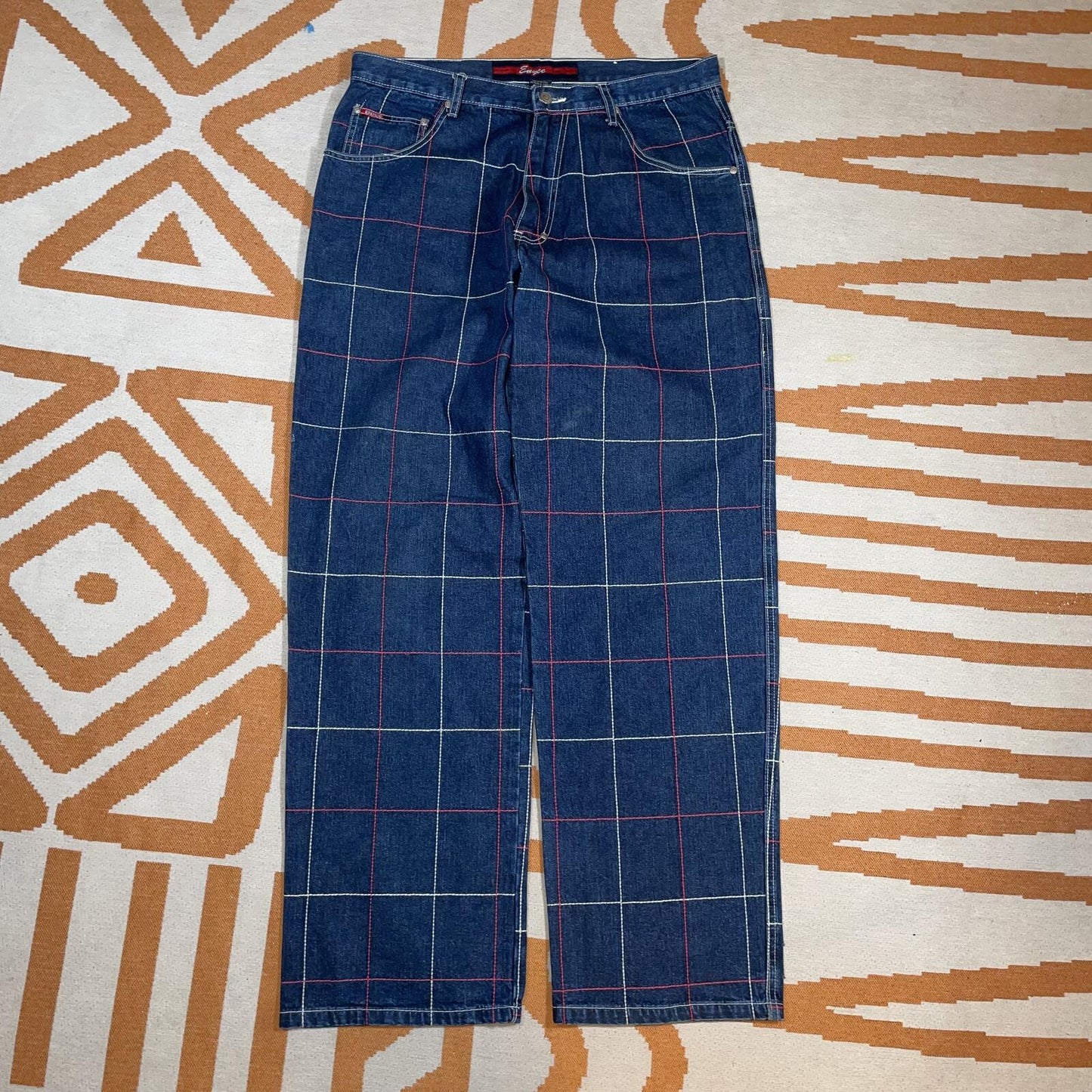 Enyce 90s Embroidered Crosshatch Pattern Baggy Jeans 36x32