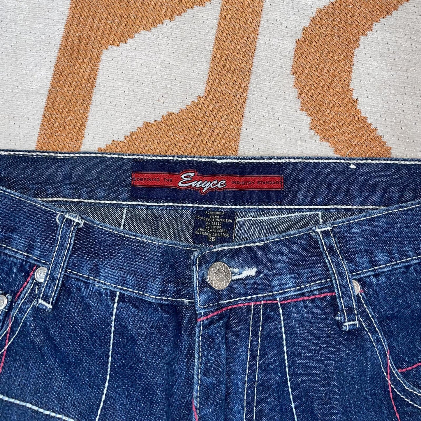 Enyce 90s Embroidered Crosshatch Pattern Baggy Jeans 36x32